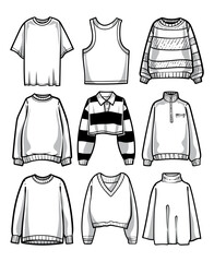 Line art illustration of a stylish sweater set in black and white, showcasing a fashionable design in vector outline style