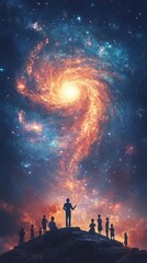 Fototapeta premium Scientist discussing universe expansion with engaged audience, vibrant illustration enhancing understanding of cosmic concepts