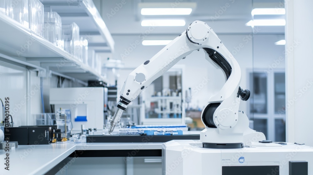 Leinwandbilder A robot conducting advanced research in a clean, high-tech materials science lab with organized workstations and sophisticated testing equipment, Materials science tech style