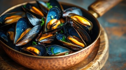 A delectable arrangement of mussels enhanced by fresh herbs in a copper bowl, creating a blend of flavors that accentuates the simplicity and elegance of seafood.