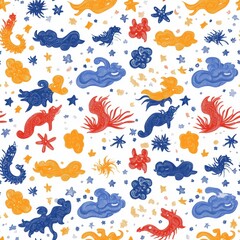 Colorful Seamless Pattern of Mythical Creatures and Clouds