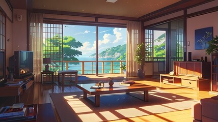 Fototapeta premium Japanese themed living room with fantasy view ,anime style