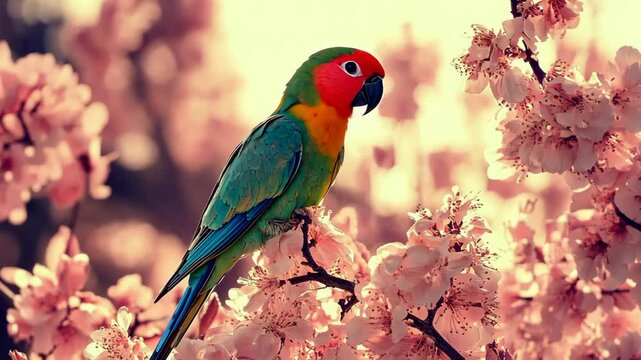 A colorful parrot perches on a branch of delicate pink blossoms, enjoying the warm spring sunshine