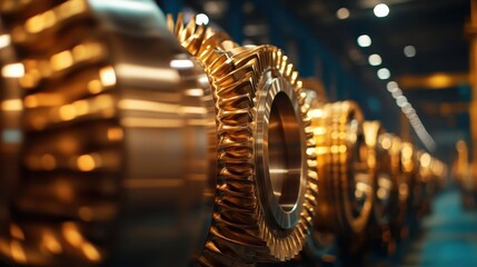 An impressive view of large metallic turbine wheels aligned in an industrial environment symbolizing modern engineering expertise and power production.