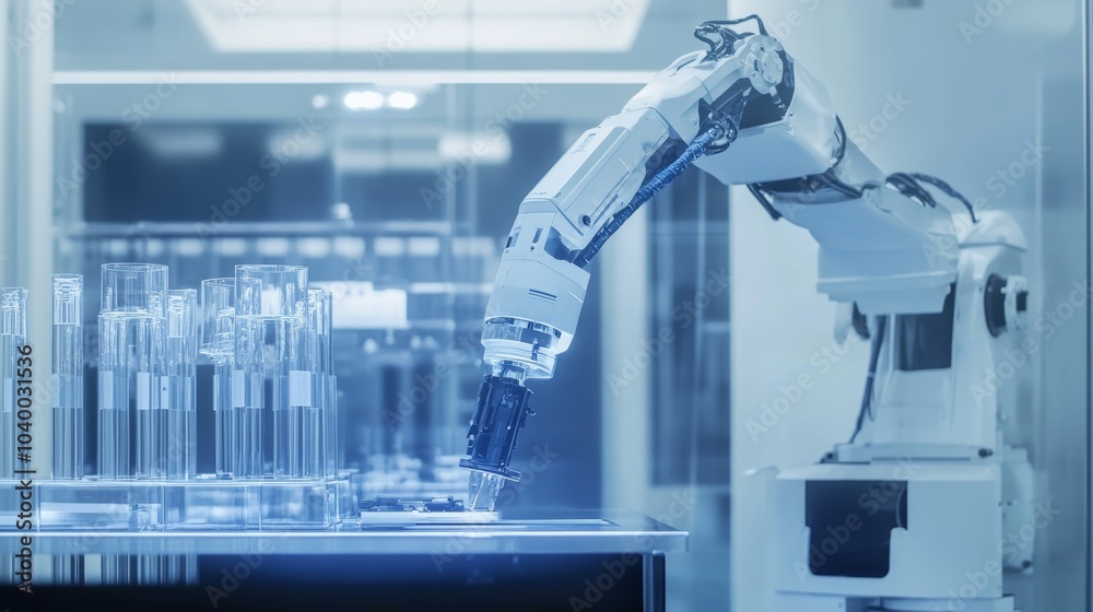 Poster a robot conducting advanced research on renewable energy solutions in a high-tech clean energy lab, 