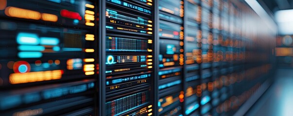 Naklejka premium Data center with advanced server racks, illuminated interfaces, and modern design.