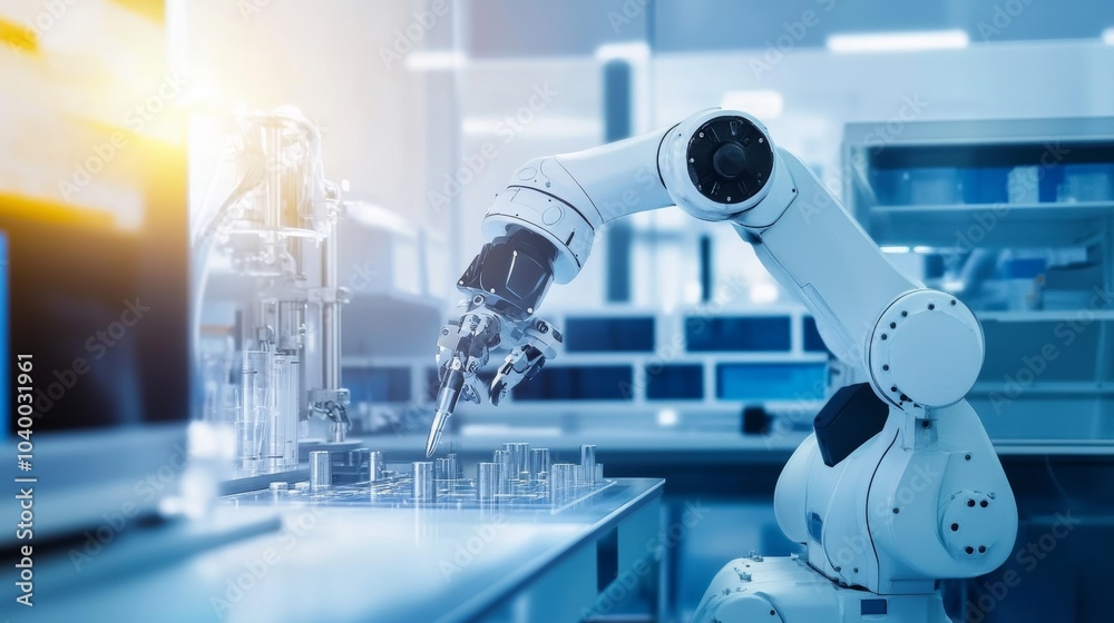 Poster a robot conducting advanced research on renewable energy solutions in a high-tech clean energy lab, 