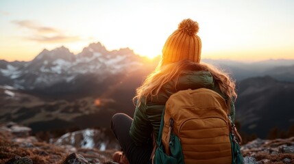 Naklejka premium A woman sits atop a mountain as the sun rises, wearing a warm beanie and backpack, taking in the breathtaking view of the surrounding peaks and valleys.