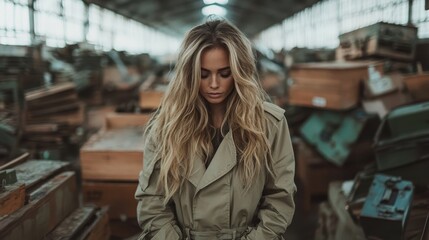 A woman with long blonde hair stands pensively inside an expansive vintage warehouse wearing a stylish trench coat, surrounded by old crates and machinery.