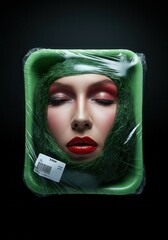 A striking art piece showcases a face wrapped in clear plastic with vibrant green foliage. The subject exudes an otherworldly beauty through dramatic makeup, conveying a powerful statement about ident