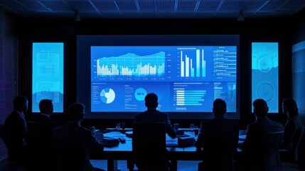 Fototapeta premium Conference Business Meeting Presentation: CEO Businessman Shows Data to Group of Investors, Businessspeople. Projector Screen Shows Graphs, Product Sales, Revenue Growth Strategy, e-Commerce Analysis