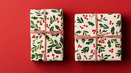 Two beautifully wrapped holiday gifts adorned with festive patterns of holly and berries on a vibrant red backdrop.