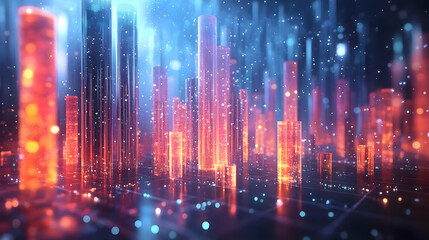 3D Glowing Community Support Pillars Concept  Holographic Beams Light Converging Cityscape Panning Shot Community Aspects White Backdrop Copy Space Iconic Design