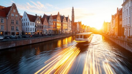 Obraz premium Riverboat in Motion at Sunset with Long Exposure Effect
