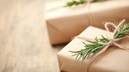 Two beautifully wrapped gifts adorned with twine and fresh greenery, resting on a wooden surface, evoke a warm, festive atmosphere.