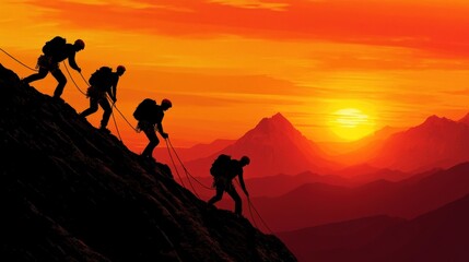 Fototapeta premium Silhouettes of four climbers ascending a mountain ridge at sunset.