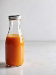 A clear glass bottle filled with vibrant orange juice