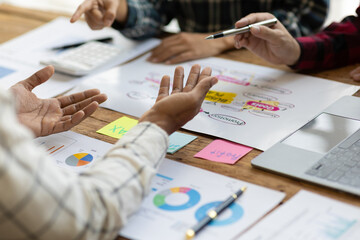 Meeting of co-workers is discussing the company's financial situation and planning a marketing plan to increase business profits.