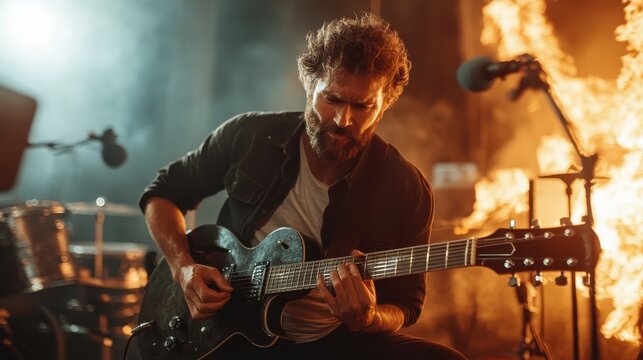This image features a passionate musician intensely playing an electric guitar amidst a dramatic setting with microphones and a fiery backdrop in a concert atmosphere. - Powered by Adobe