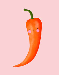Red Hot Chili Pepper Isolated On A Pastel Pink Background. Funny Hand Drawn Kawaii Style Red Paprika. Cute Nursery Art With Happy Vegetable. Healthy Food. Happy Chili Pepper. 