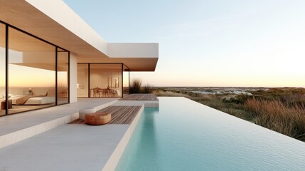 Obraz premium This modern dwelling offers an infinity pool with an expansive view of coastal dunes. Large glass windows create an open space with a beachside ambiance.