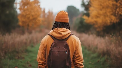 Dressed warmly, a person with a backpack walks through a serene autumn forest, surrounded by vibrant fall foliage, enjoying the peaceful, natural scenery.