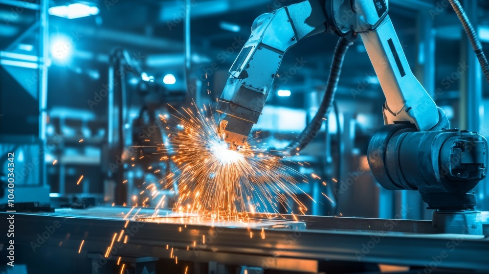 Aufkleber a robot conducting advanced welding tasks in a high-tech automotive manufacturing plant with clean, 