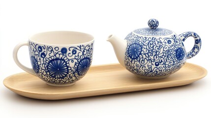 Elegant Blue and White Tea Set on Wooden Tray