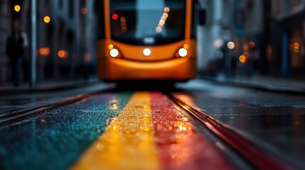 A striking tram travels down a city street, its brilliant orange hue reflecting on the wet, rainbow-colored tracks, capturing the essence of urban vibrancy and motion.
