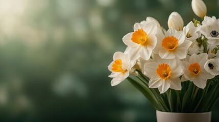 Obraz premium An exquisite spring bouquet featuring elegant daffodils captured in delicate light, creating a serene and tranquil mood suitable for grace and renewal expressions.