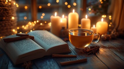 A cozy reading nook with cinnamon tea steeping in a cup, vanilla candles burning softly on the side, cinnamon sticks and cloves scattered on the table,