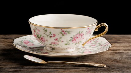 Fototapeta premium Elegant Floral Teacup and Saucer on Wooden Surface
