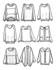 Line art illustration of a stylish sweater set in black and white, showcasing fashionable clothing design in vector style