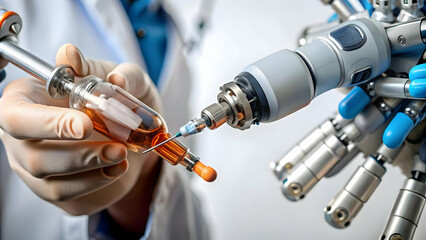 Close Up Robotic Arm Administering Injection Macro Shot Syringe Precision Safety Medical Procedures Ample Copy Space Photo Stock Concept