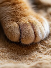 Fluffy cat paw nestled on sand, showing delicate contrast between soft fur and grainy texture, capturing peaceful moment.