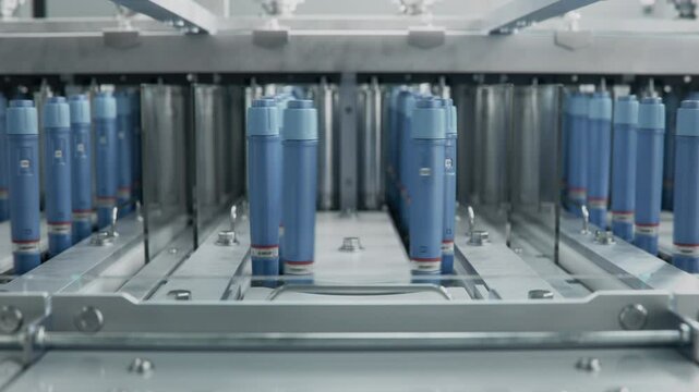 Weight Loss Medication Manufacturing. Insulin Injection Pens on Conveyor Line during Production Process at Modern Pharmaceutical Factory. Medicinal Drug Production Plant. 