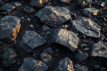 Detailed view of rough, dark rocks scattered on a sunlit ground during late afternoon