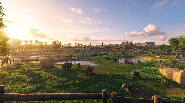 An expansive open zoo with animals freely roaming across green fields under a bright sky. 