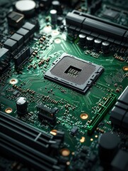 Fototapeta premium Close-up of microchip on motherboard, showcasing intricate electronic details of modern computing.