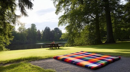 Cozy Picnic Spot by Serene Lake with Colorful Blanket
