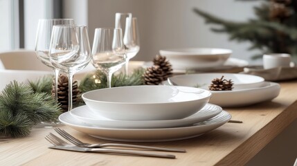 Fototapeta premium fragment of the decor of an elegant festive New Year or Christmas table, burning candles, plates and glasses, fir branches and cones