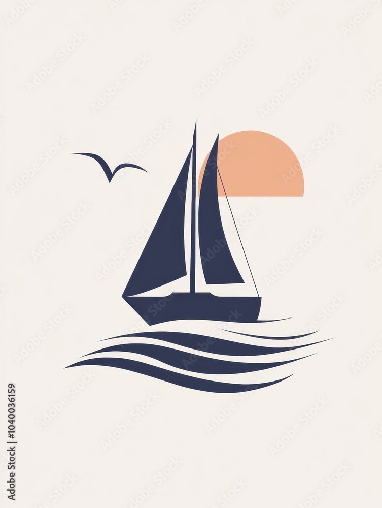 Aufkleber a sailboat navigates tranquil, minimalist waves under a soft sunset, complemented by a bird soaring 