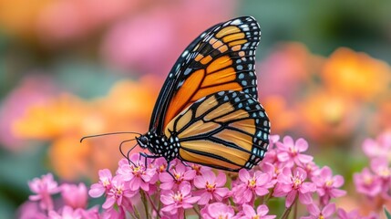 Fototapeta premium A vibrant monarch butterfly perched on pink flowers.
