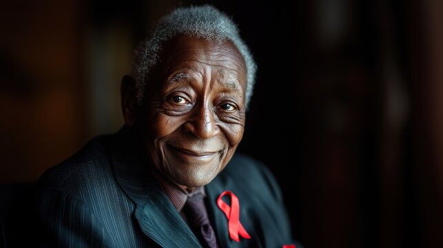 A close-up portrait of an elderly man with a red AIDS ribbon pinned to his suit, smiling warmly towards the camera
