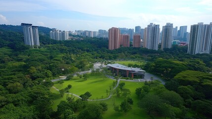 Obraz premium Urban Park Surrounded by Modern Cityscape