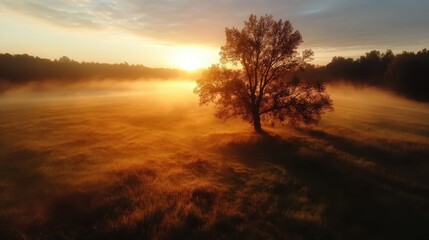 Fototapeta premium A lone tree stands majestically in a sunlit field, as the warm hues of sunrise mix with lingering mist, offering a peaceful and reflective natural scene.