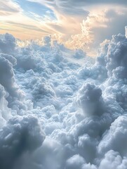  Majestic clouds forming beautiful, fluffy formations with sunlight breaking through, creating ethereal atmosphere high above the earth.