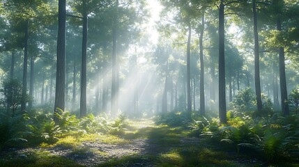 Obraz premium A dense forest with towering pine and cedarwood trees, sunlight filtering through the branches, soft mist in the air, a tranquil scene with eucalyptus leaves on the forest floor,