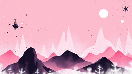 Obraz premium Pink mountain range with a spaceship