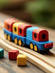 Fototapeta premium Wooden toy train in bright colors on smooth tracks with blocks around, evoking nostalgic childhood play and fun memories.